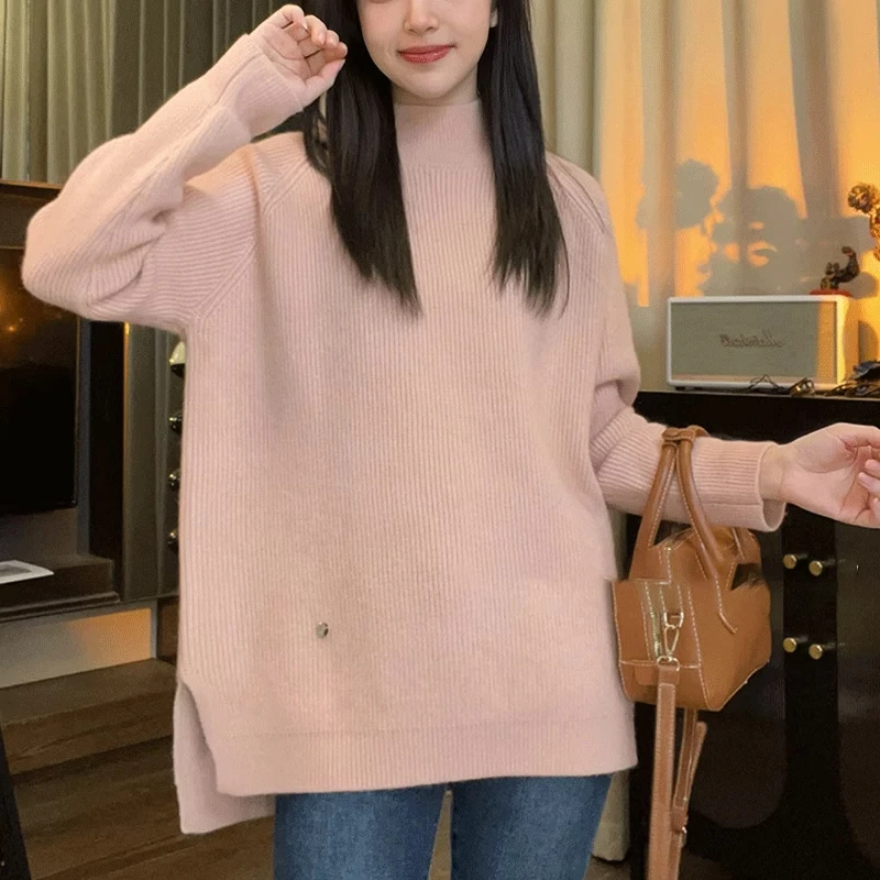 纯色半高领中长款针织衫女早秋季慵懒风宽松显瘦休闲内搭毛衣上衣