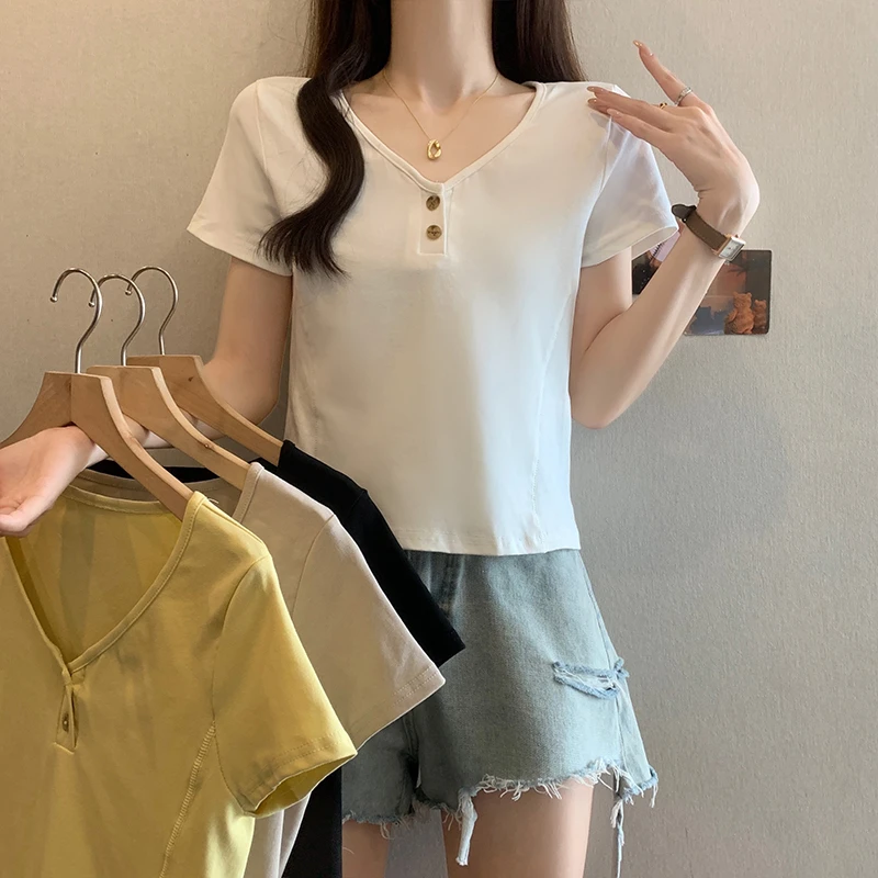 A大码胖mm夏季新款设计感V领短袖女T恤小个子纯色修身显瘦上衣