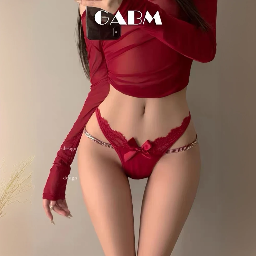 本命年红色欲辣原创性感闪钻交叉蕾丝蝴蝶结镂空纯欲低腰三角内裤