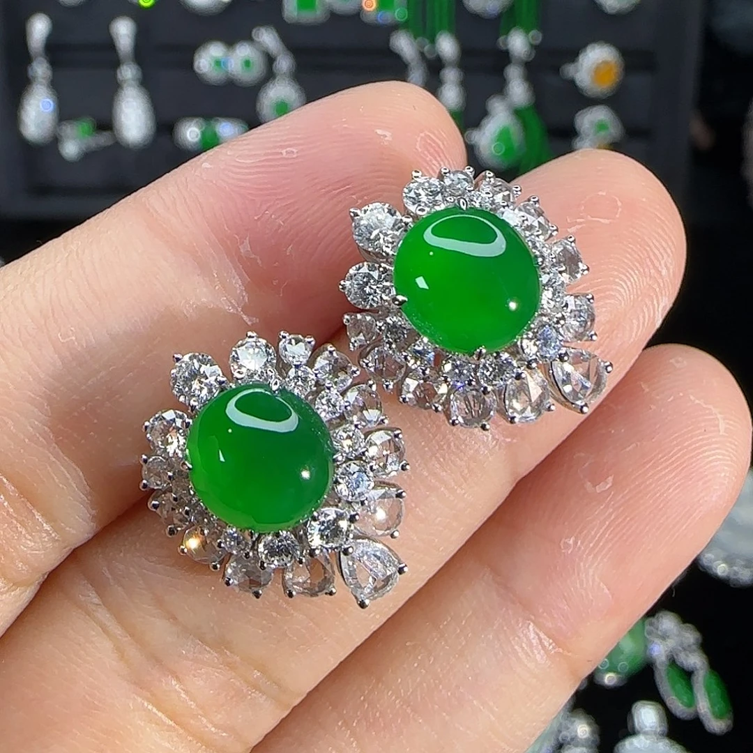 翡翠18K金镶嵌耳饰天然翡翠