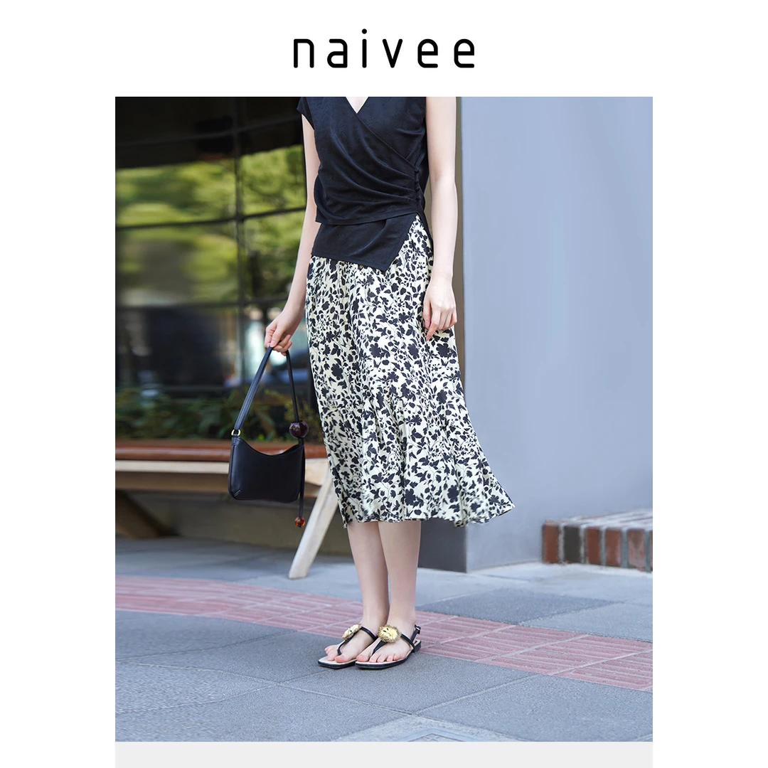 【官旗】Naivee/纳薇夏法式浪漫文艺印花半裙优雅百搭253271118