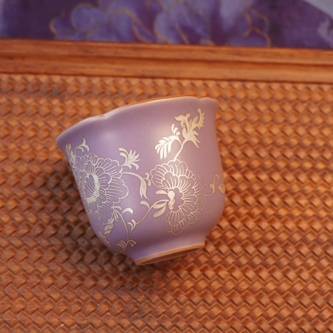 【紫嫣银绘牡丹·花口杯】家用陶瓷纯手工主人杯汝窑中式描银
