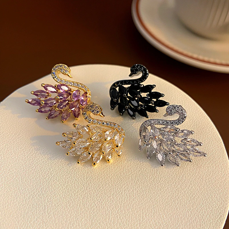 铜合金锆石耳饰 【优雅天鹅】高品质轻奢S925银耳钉