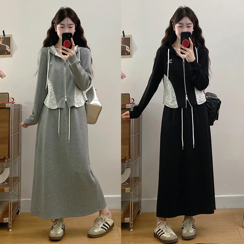 美美哒2025春装新款女胖mm大码蕾丝拼接连帽半身裙套装运动简约潮