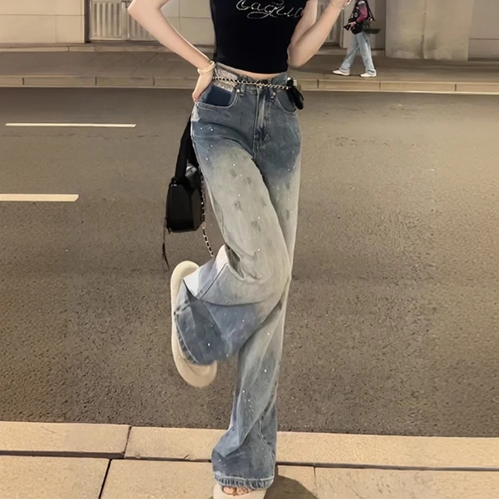 高腰窄版直筒牛仔裤春秋款女2025春季新款渐变色时尚潮流拖地裤女