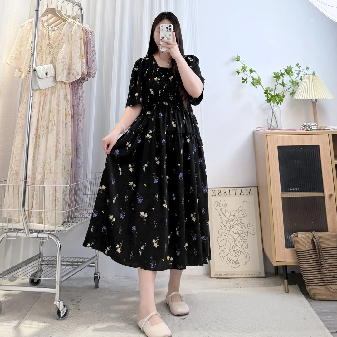 优雅气质【香水铃兰】蓝花大码女装胖mm220斤高腰遮肚显瘦连衣裙