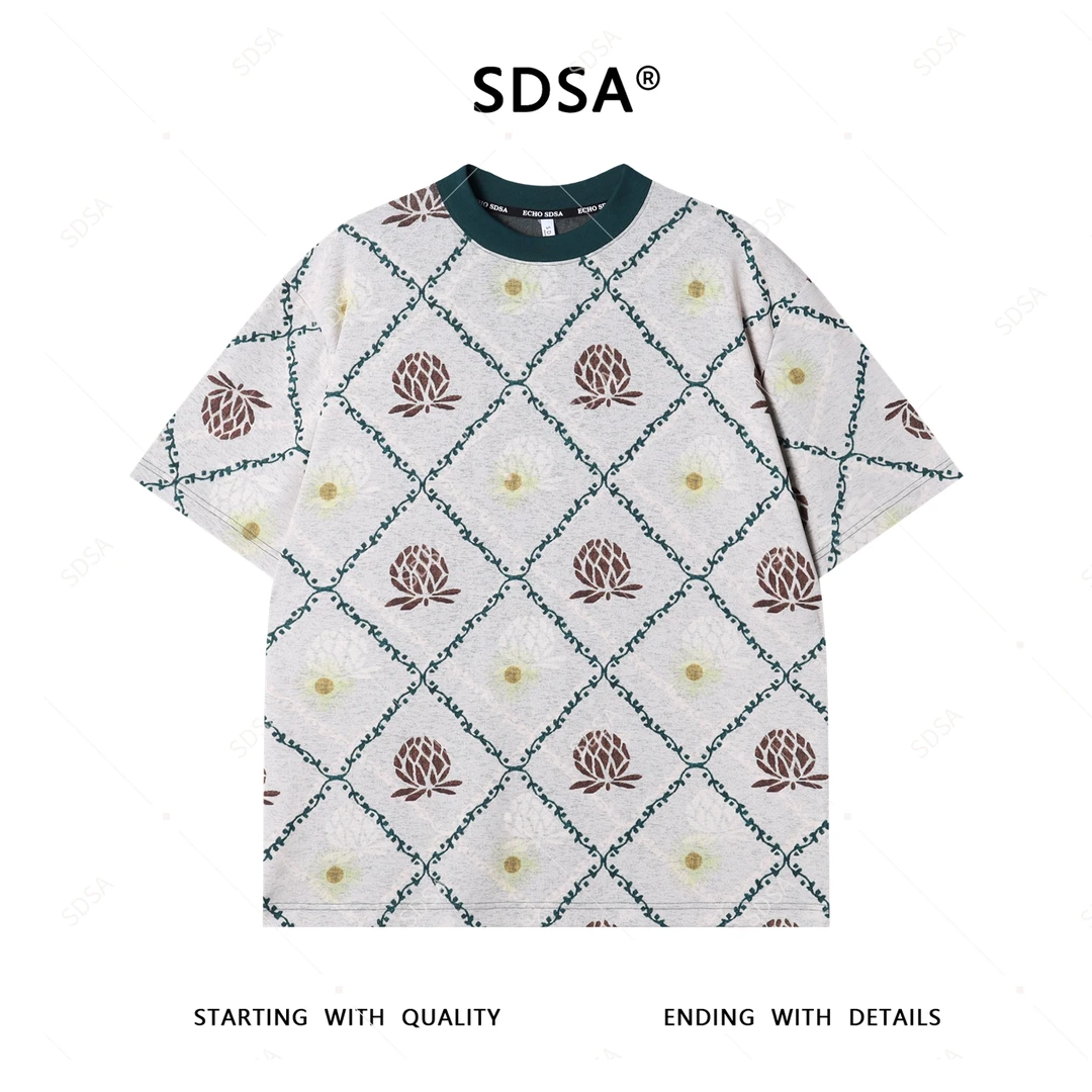 夏季高级感新款男士美式撞色格纹设计短袖T恤宽松简约圆领上衣