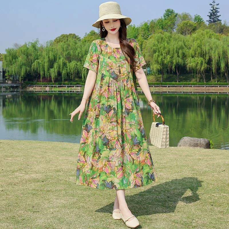 夏季棉绸连衣裙女士显年轻大码短袖碎花过膝遮肚子有口袋文艺裙子
