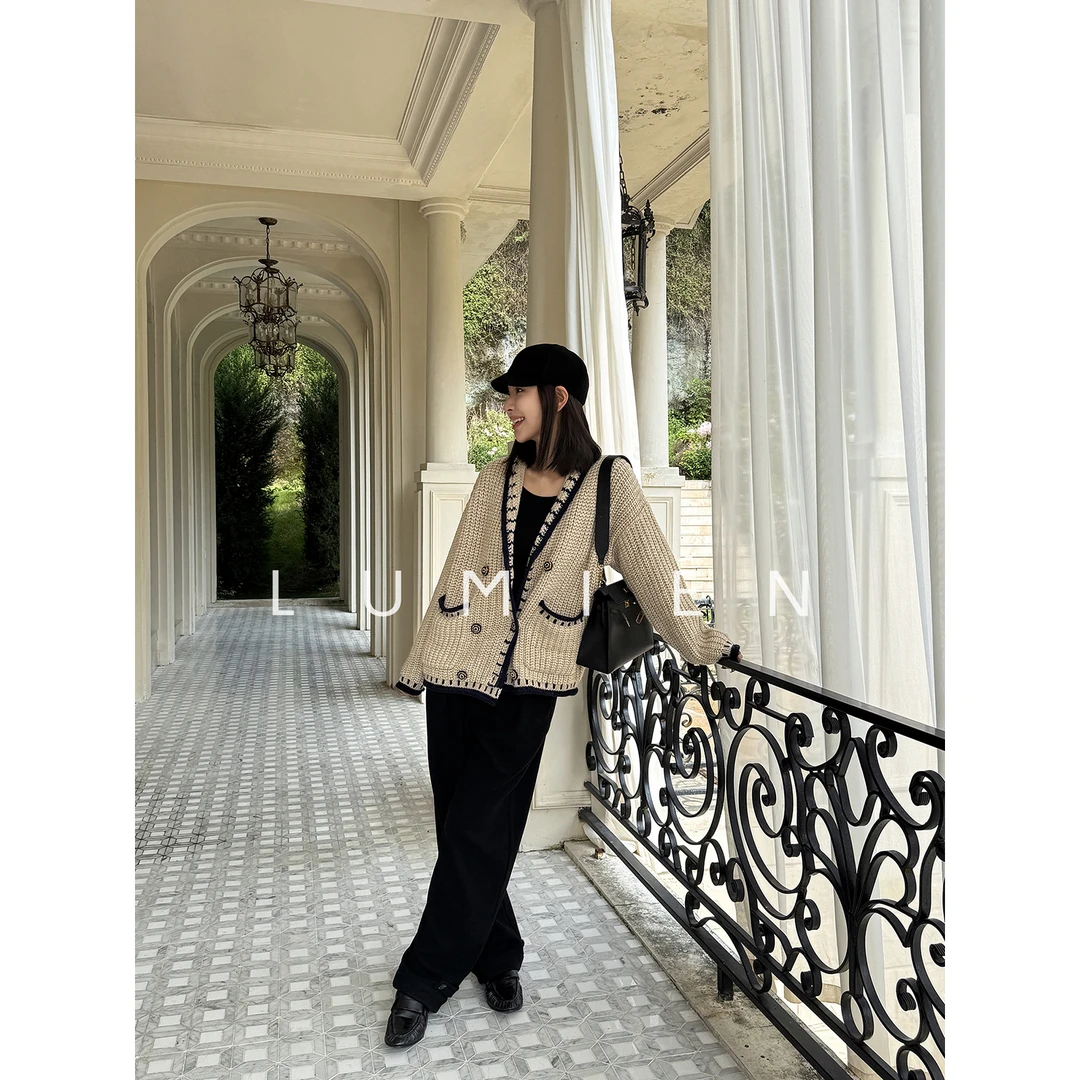 【LUMIEN 新品】“古韵廓影”复古撞色设计绵羊毛百搭开衫LX5ISS198