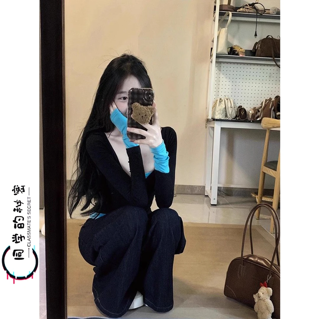 真的绝美!!【拼接假两件】美式春秋季长袖T恤女撞色修身显瘦长袖