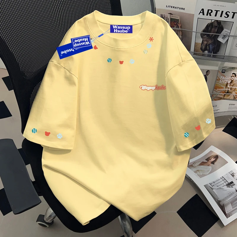 WASSUP HSUBE美式休闲奶黄色ins短袖T恤男女夏季情侣百搭半袖上衣