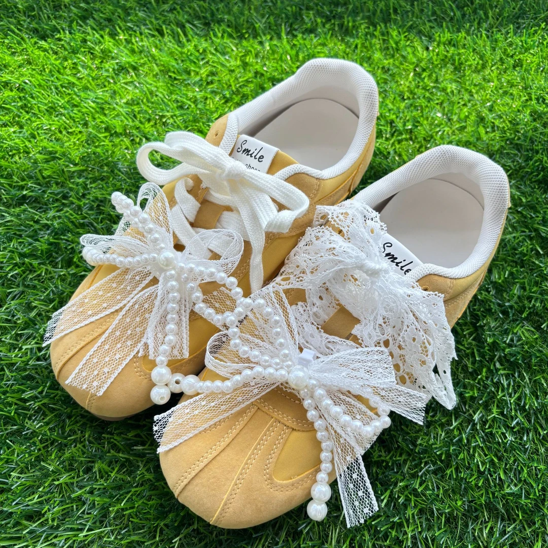 马卡龙色系春夏款芒果头蝴蝶结蕾丝阿甘鞋平底德训鞋