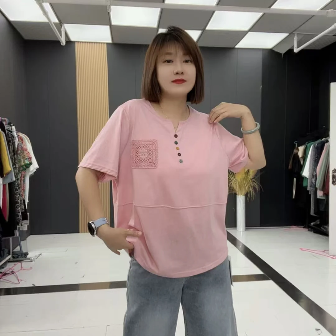 1900*大码时尚夏季薄款休闲宽松大码纯色圆领短袖上衣