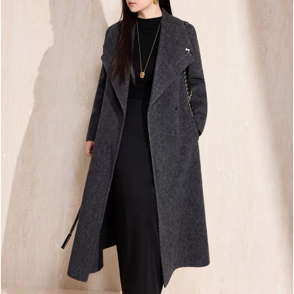 【小满·推荐】大码冬装双面大翻领系腰带修身气质胸针长款6688