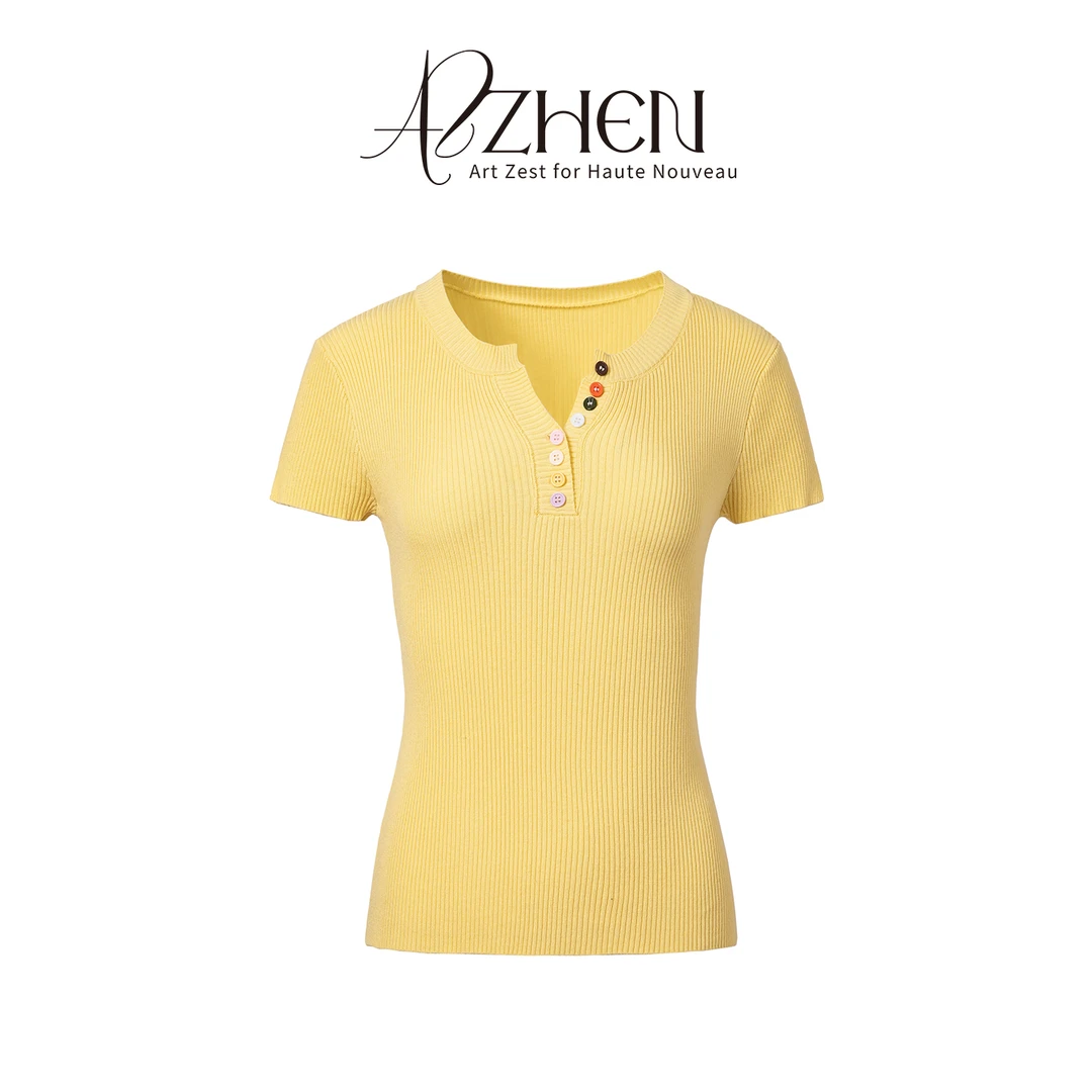 AZZHEN【爱豆路透】彩色纽扣半开领短袖AZ5DBT10-00百搭打底衫ol