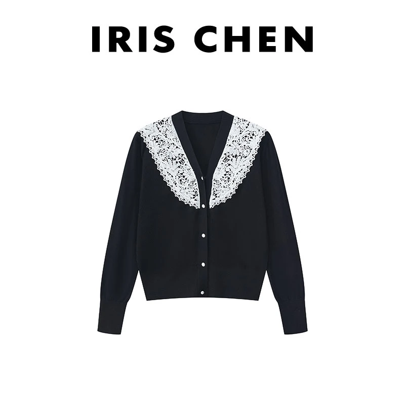 现货IRIS CHEN 微熏 2025春夏上新绵羊毛蕾丝花边领针织衫25SY062