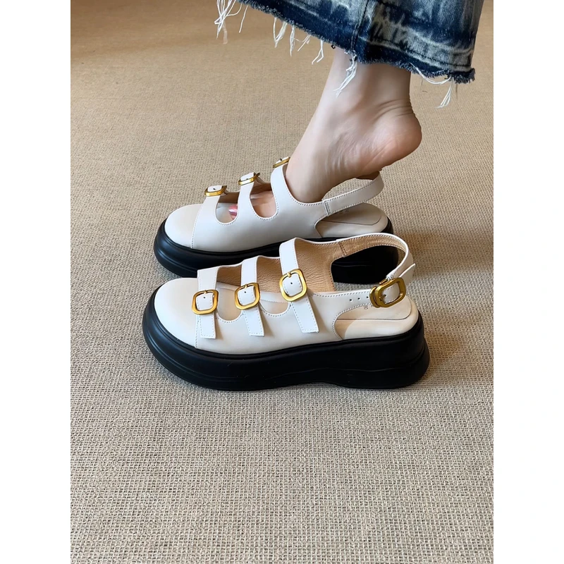 nnmiss·34-39/5cm踩屎感厚底简约复古圆头皮带扣舒适百搭露趾凉鞋