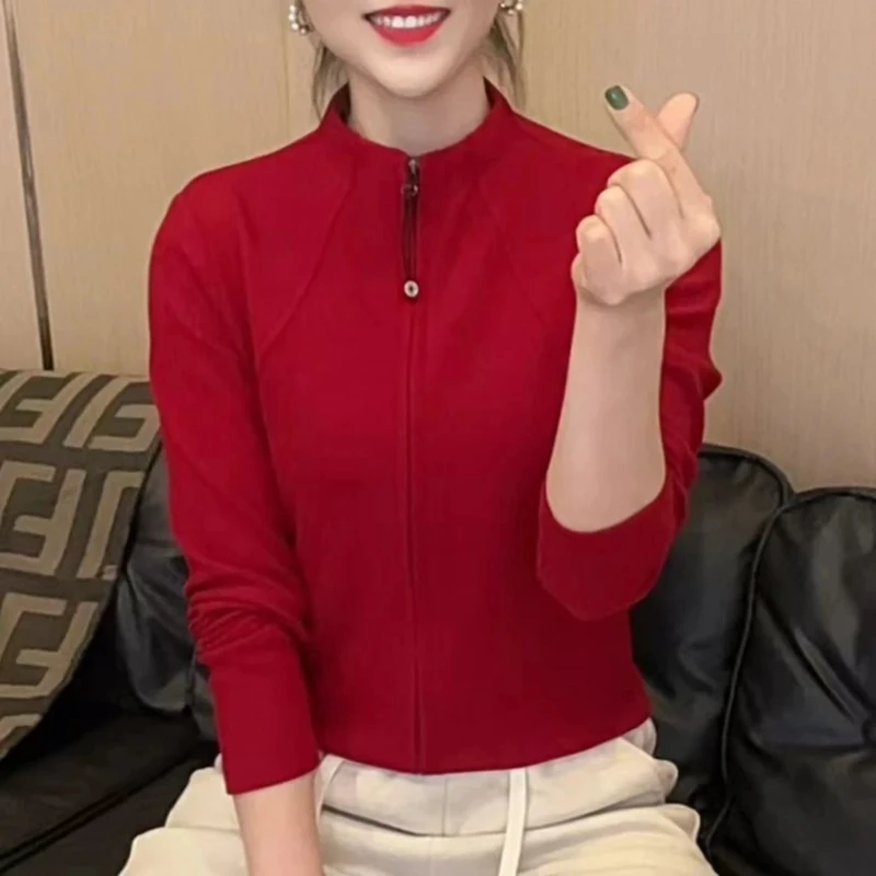 红红火火新年红双面绒长袖t恤女双拉链开衫新款保暖上衣