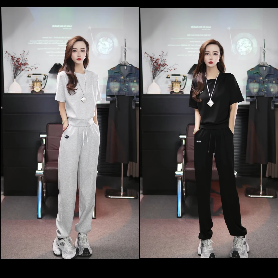 2025夏季新款宽松短袖运动套装女款爆款洋气大码时尚两件套25546