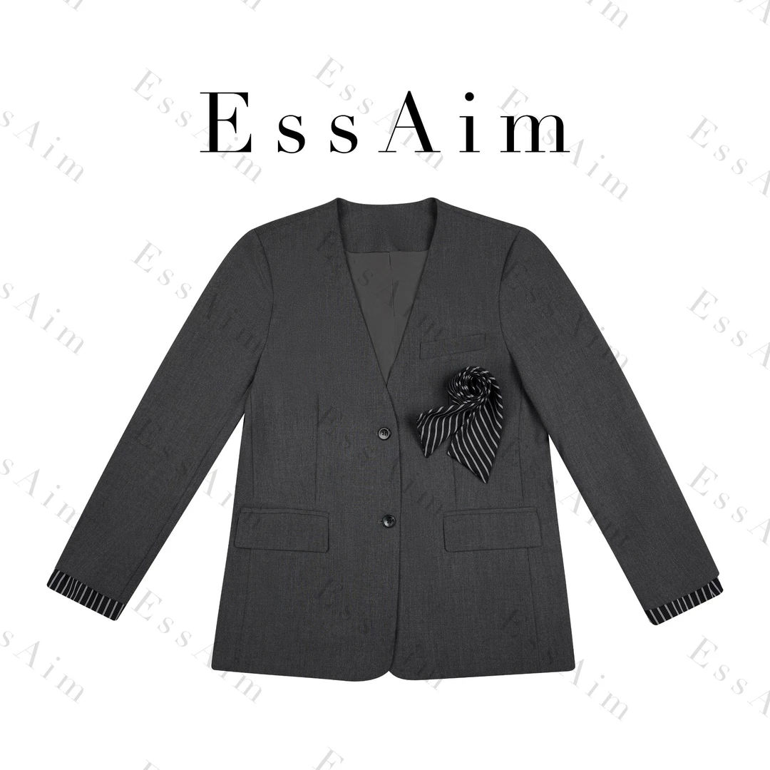 EssAim-0035 西服常规长袖都市休闲西装中长款潮流拼接
