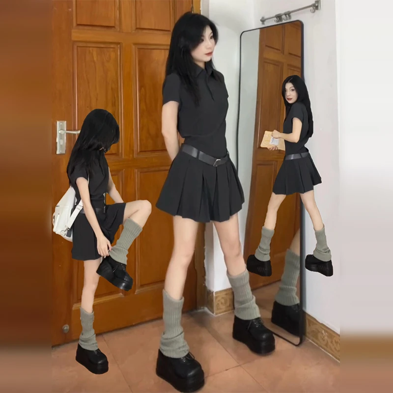 学院风灰色polo领连衣裙子女夏季2025小个子收腰a字百褶短裙1850