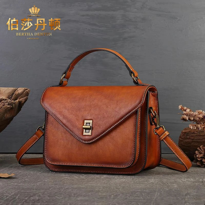 伯莎丹顿真皮手提包包女包斜挎包复古单肩小方包女头层牛皮时尚