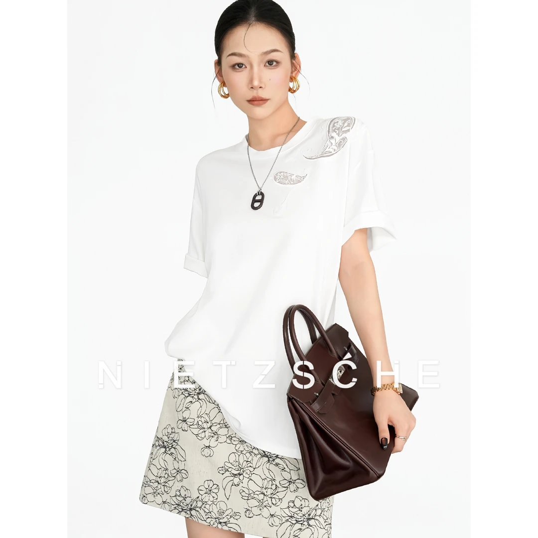 Nietzsche|腰果蕾丝T|设计师款 镂空刺绣宽松短袖女白T恤50106
