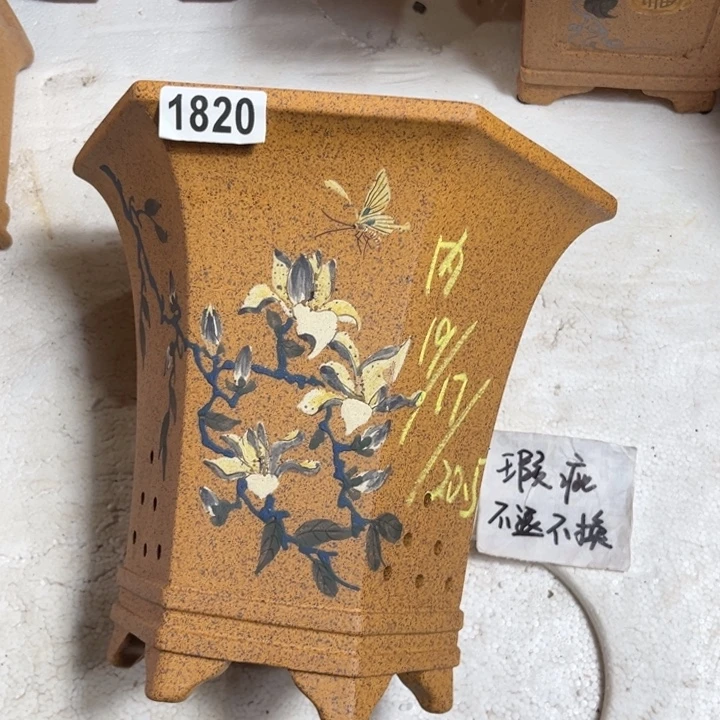 花盆紫砂 微微瑕柴烧彩绘飘口大六方1820