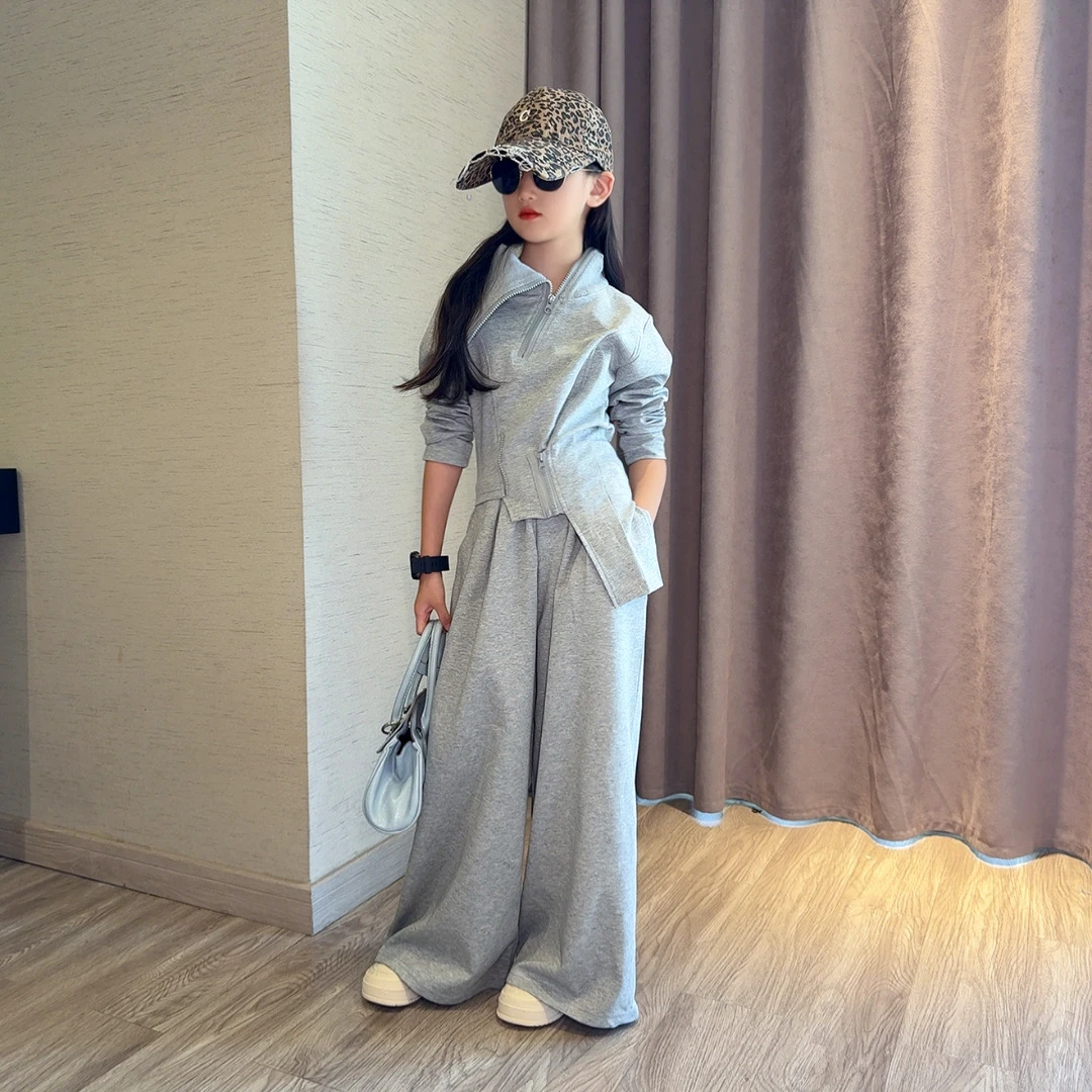 女童秋季套装2025新款休闲运动风中大童女孩设计感不规则拉链卫衣