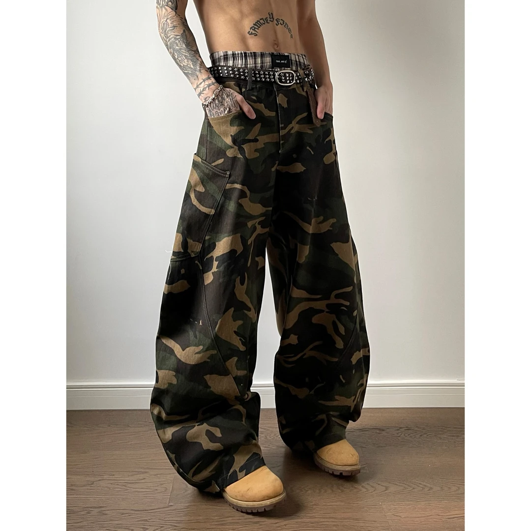 DAYAOBUTAI美式复古迷彩弯刀裤小众男女阔腿拖地裤宽松工装牛仔裤