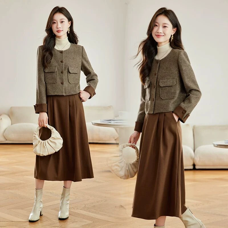 法式小香风毛呢套装裙女2025秋冬新款轻熟风时尚气质半身裙两件套