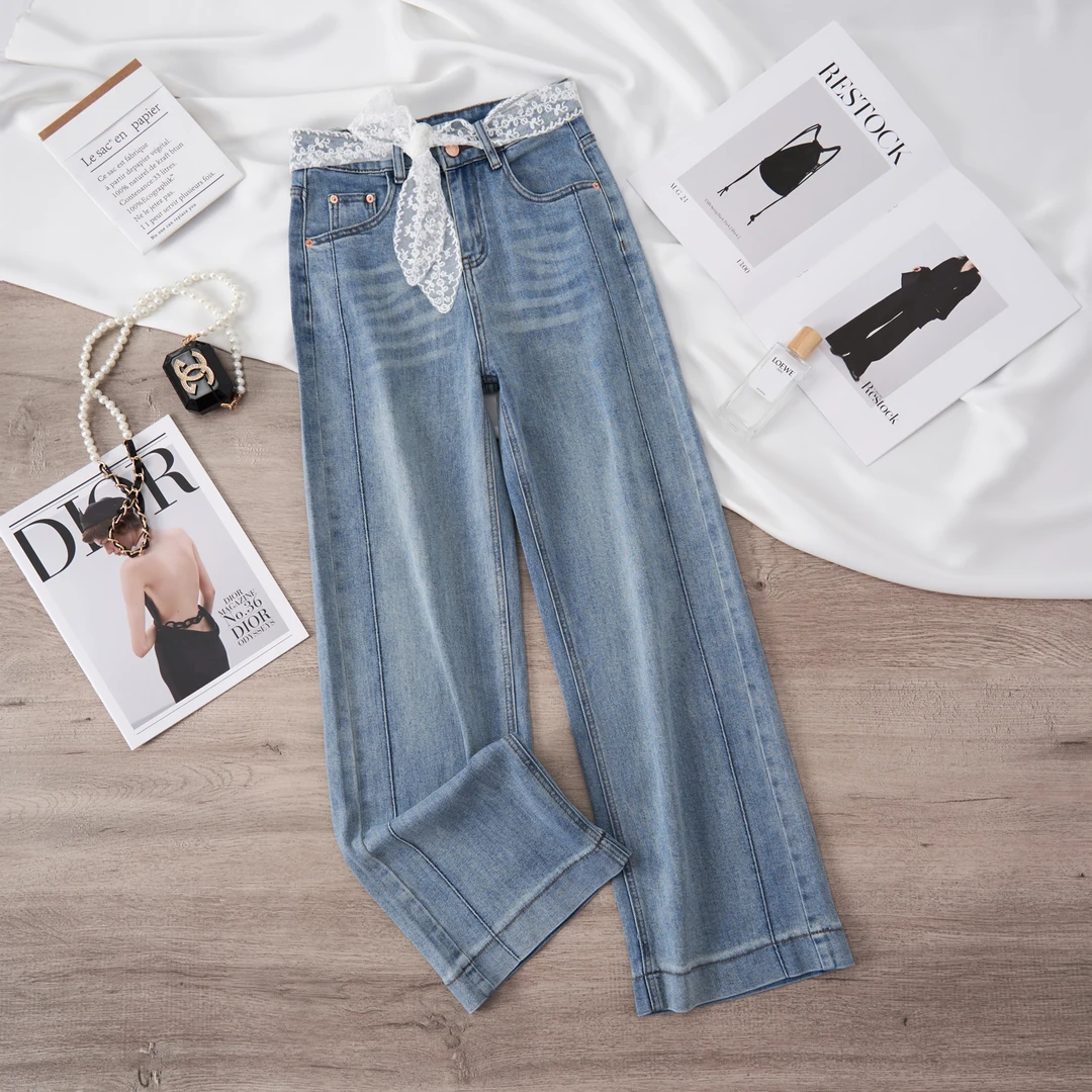 C春夏新款高腰直筒时尚休闲夏季复古宽松花边直筒时尚牛仔裤女