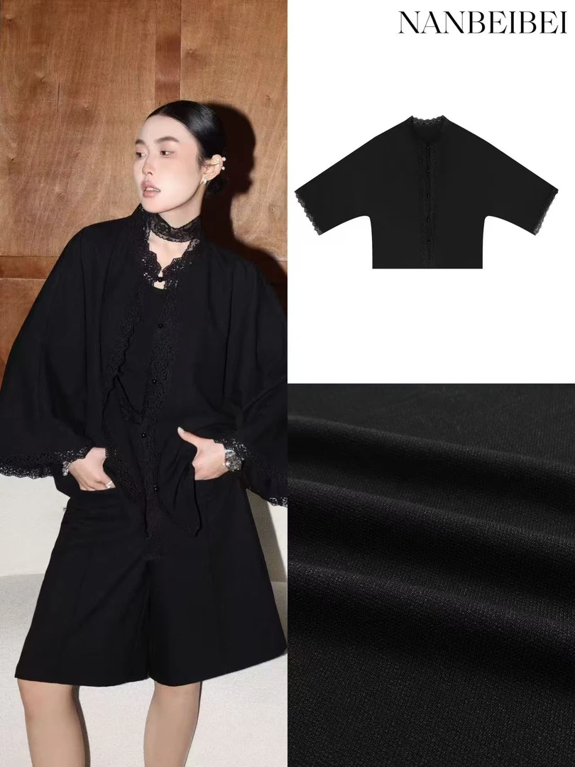 NanBeiBei 蕾丝衫 春季简约百搭圆领蕾丝拼接排扣宽袖上衣 805