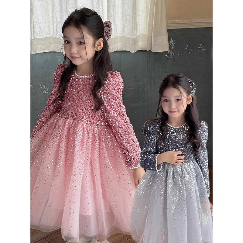 秋冬女童闪闪亮片公主裙粉色连衣裙生日礼服表演蓬蓬裙网纱