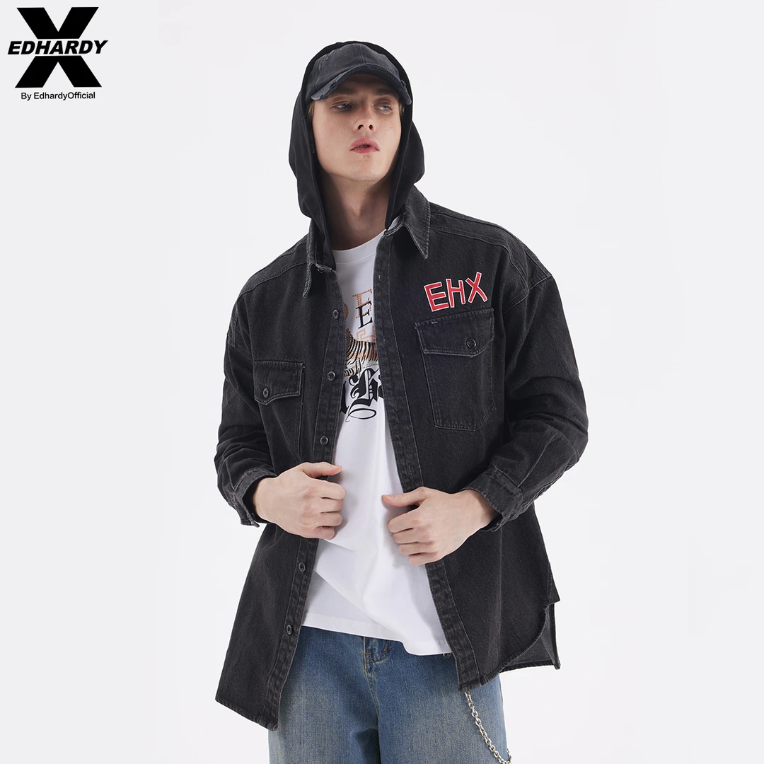 EDHARDY X虎头连帽牛仔长袖衬衫外套春装男士男女同款X1ODUD09