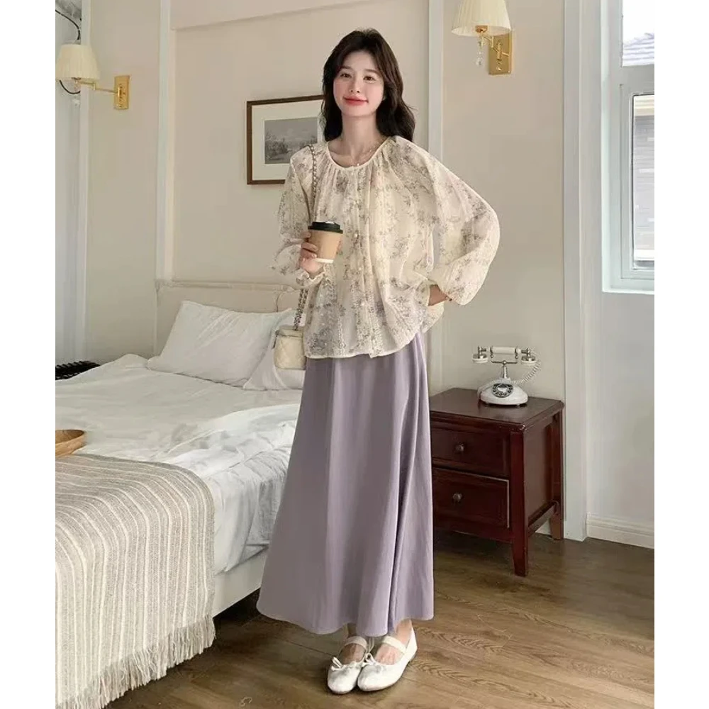 【两件套】大码胖MM温柔风宽松减龄碎花衬衫高腰显瘦半身裙两件套装