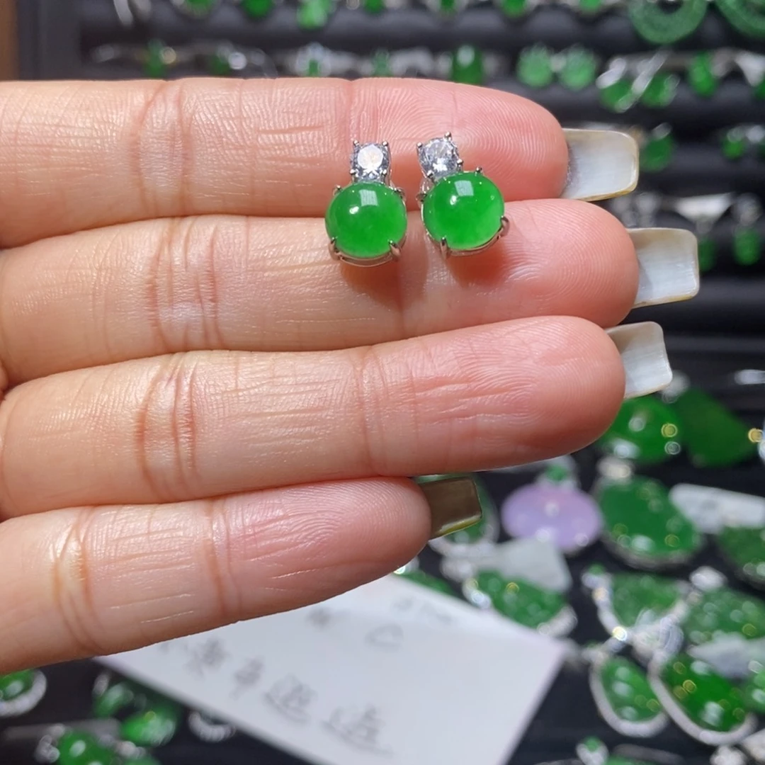 翡翠耳饰银S925镶嵌蛋面耳钉