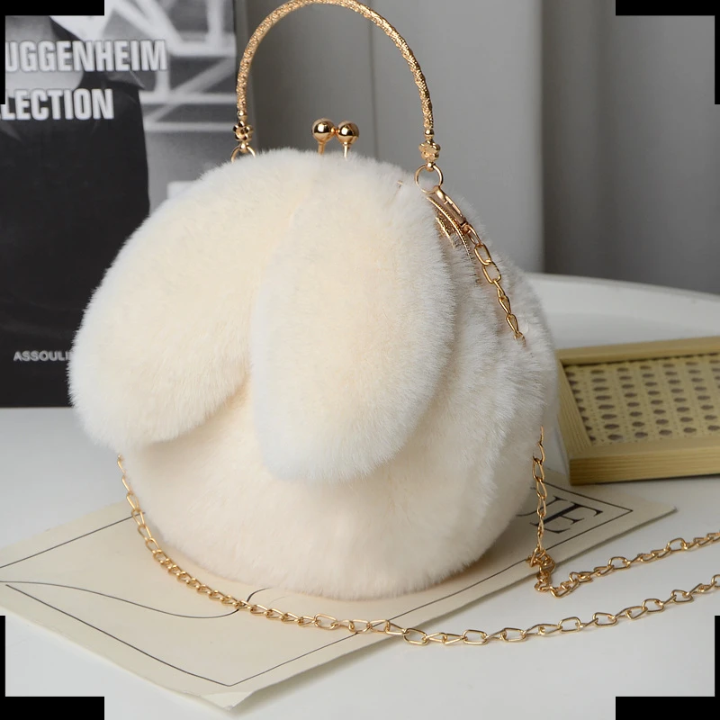 卡通兔子耳朵毛绒包包休闲夹口手提包个性链条洋气斜挎单肩包B11