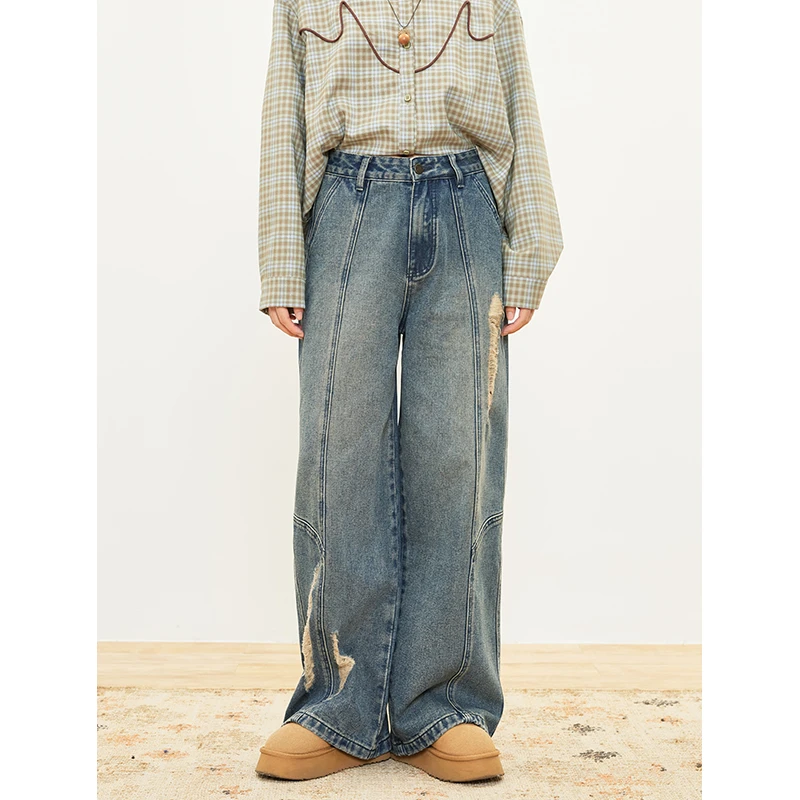 hothorse/火山马KZ09077复古做旧破洞分割拼接显瘦百搭阔腿牛仔裤