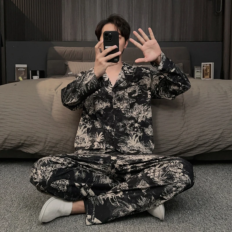 秋季男士睡衣高级感冰丝长袖春秋款高级感可外穿家居服大码两件套