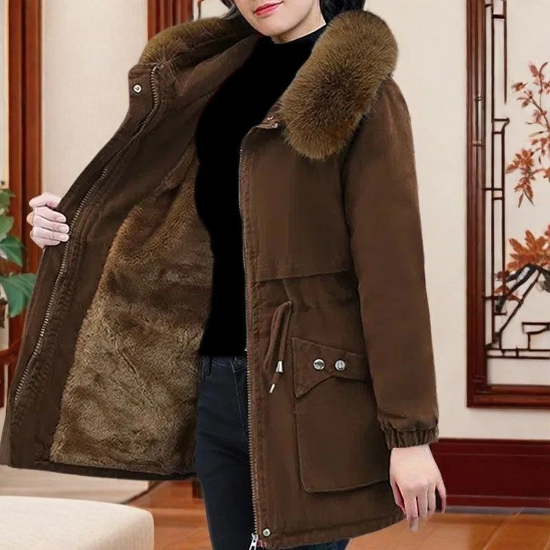 大码年轻妈妈冬季派克中长款新款女装宽松加绒棉衣羊羔绒加厚外套