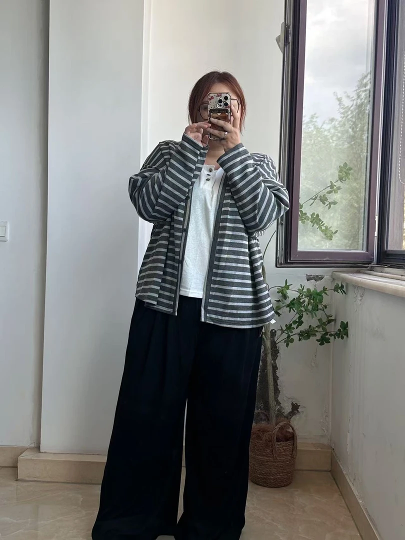 【慵懒套装】大码秋季条纹外套加白色小衫加裤子