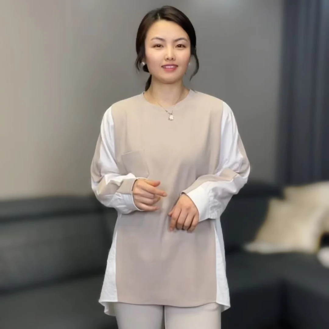 【香香优选】韩国女士春季上新中长款拼接圆领长袖衫时尚洋气舒适