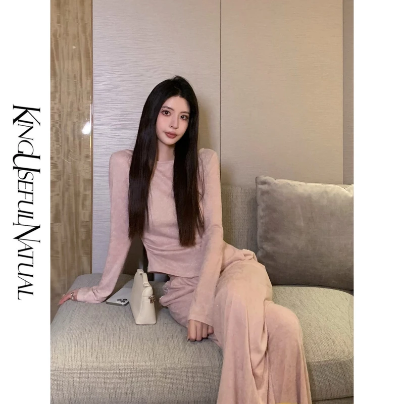 KUN【奥黛丽的周末】贵族下午茶 粉色衬衫直筒裤时尚套装女气质春季