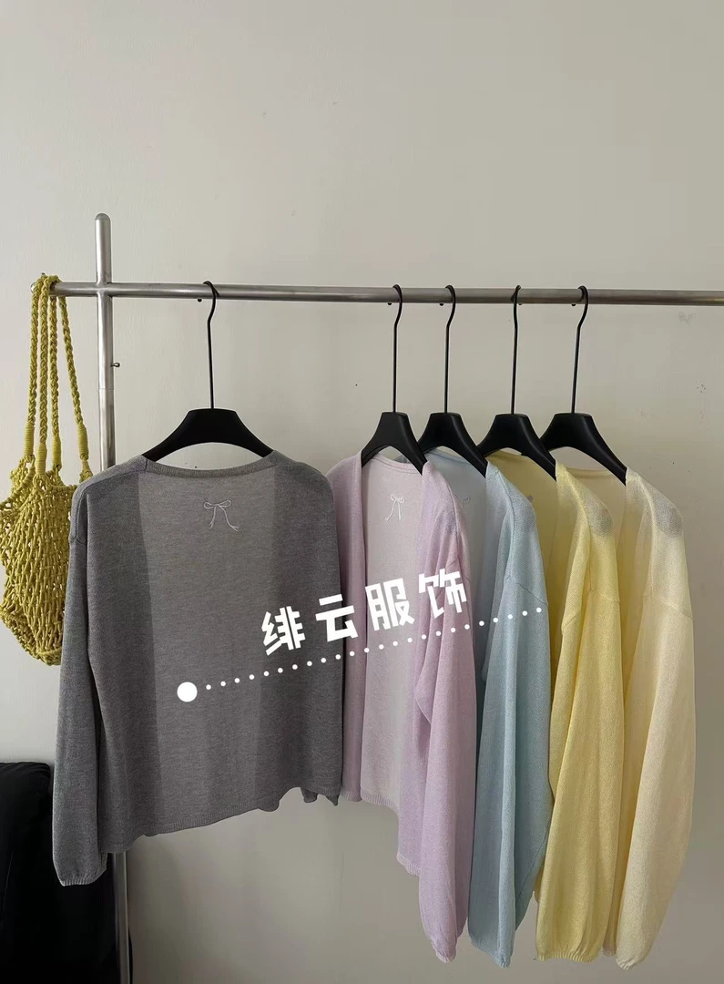b/新韩系防晒开衫薄宽松蝴蝶结刺绣女夏针织空调衫披肩外搭8635