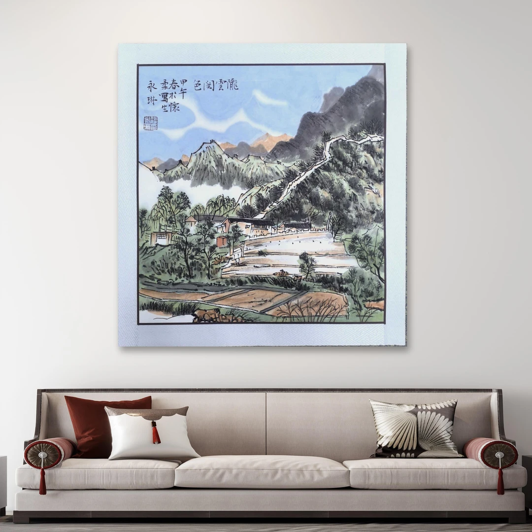 梁永琳-手绘国画-1平尺-左上蓝山-带小书-客厅办公室挂画