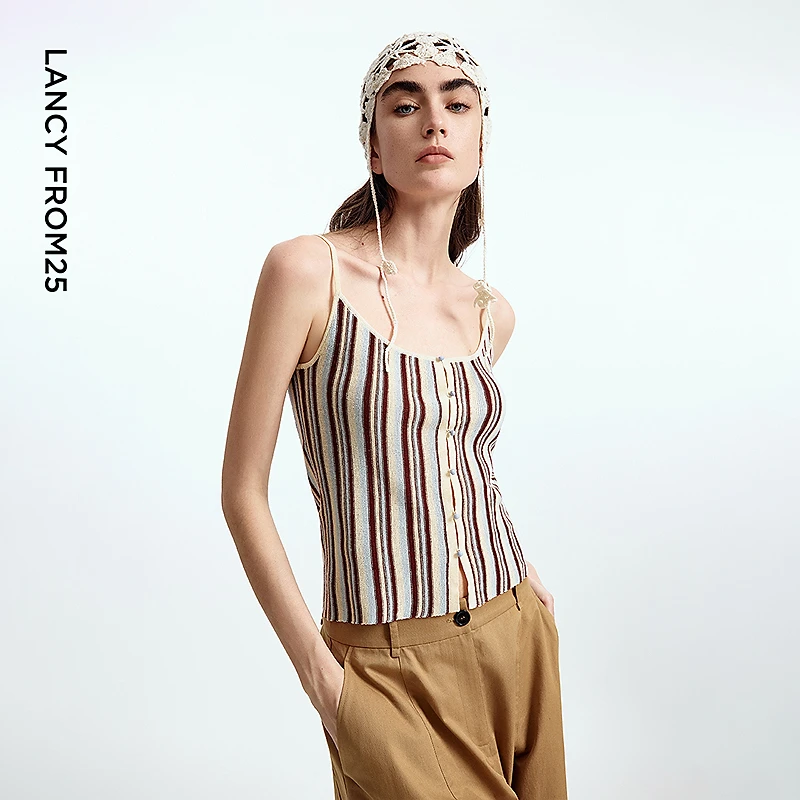朗姿2025年夏季新款莱赛尔条纹气质方领修身高级感设计感小背心女