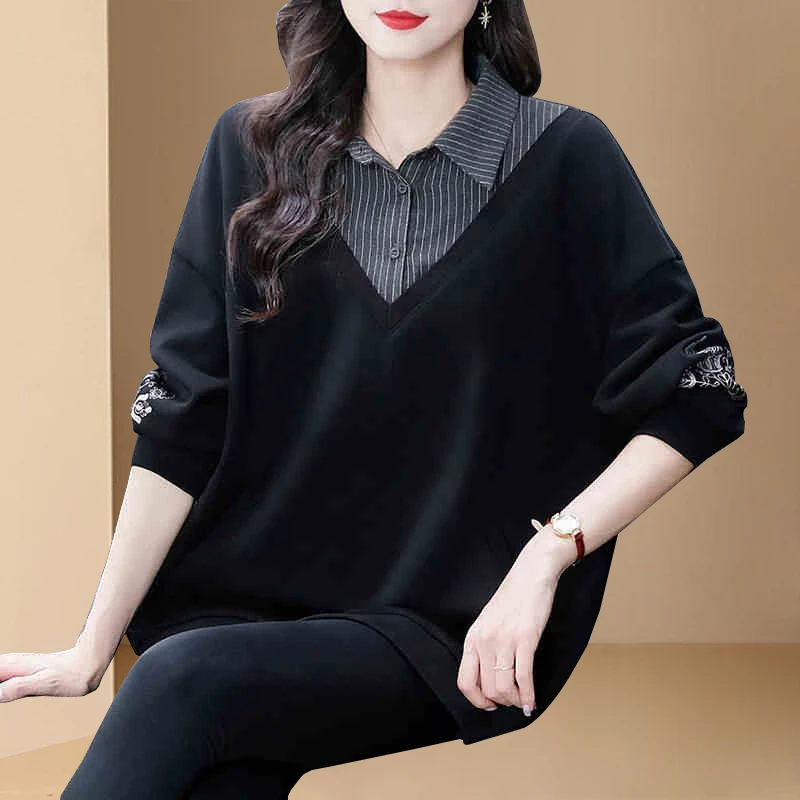 大码女装假两件宽松拼接翻领卫衣2025春秋新款显瘦时尚妈妈装上衣