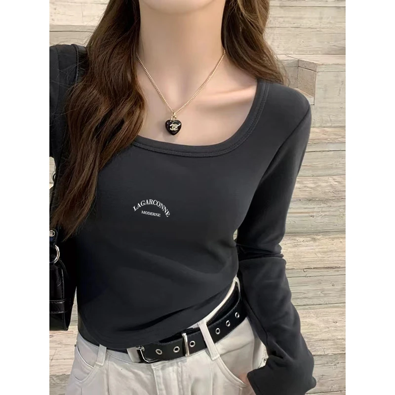 秋冬方领德绒女士显瘦U领修身长袖加绒短款打底衫内搭t恤小众上衣