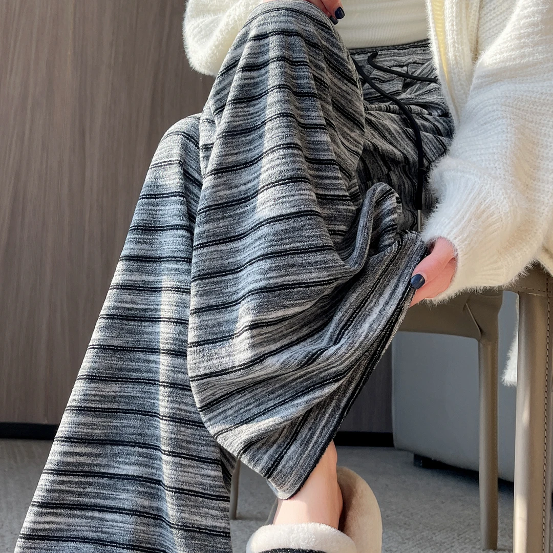 慵懒松弛感条纹针织糯米裤女秋季高腰垂感抽绳阔腿裤休闲遛弯裤子